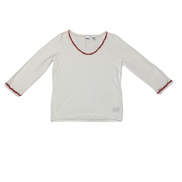REAL CLOTHES Saks Fifth Ave White Pima Cotton Beaded Trim Top 90s Y2K S - Picture 3 of 15